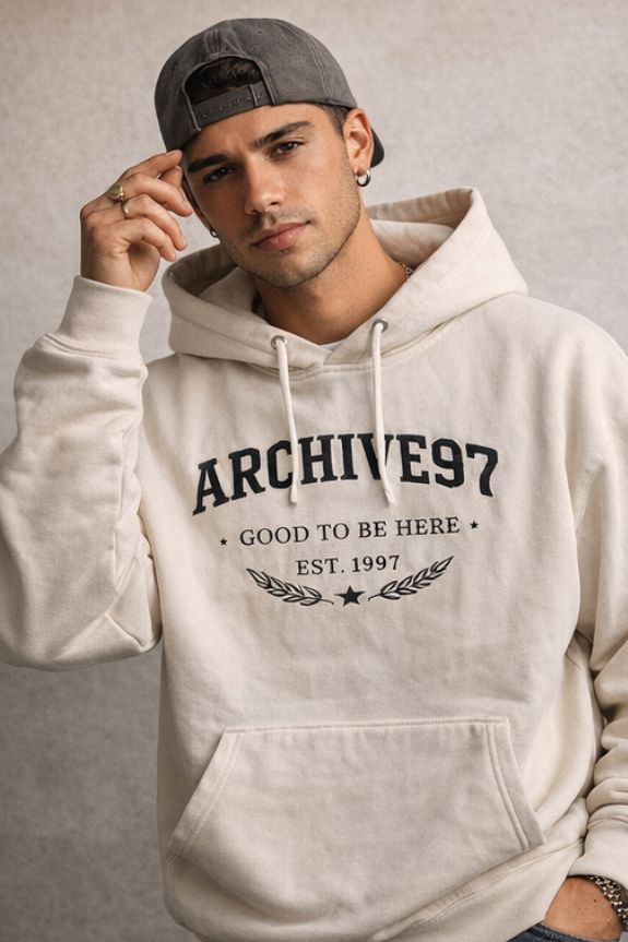 ARCHIVE 97 GOOD TO BE HERE BEIGE HOODIE